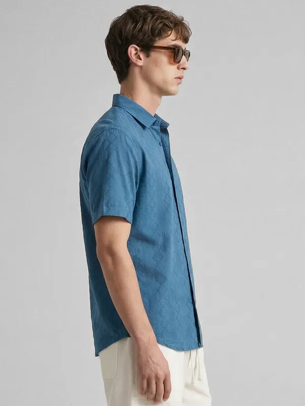 Highlander Men Blue Self Design Relaxed Fit Casual Shirt