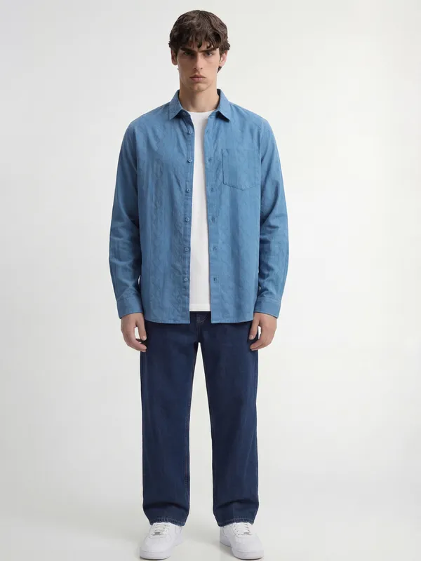 Highlander Men Blue Self Design Regular Fit Casual Shirt