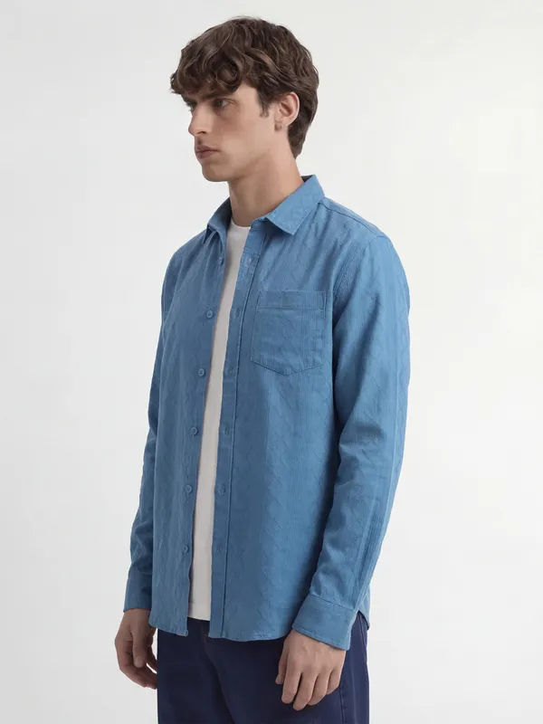 Highlander Men Blue Self Design Regular Fit Casual Shirt