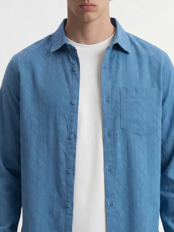 Highlander Men Blue Self Design Regular Fit Casual Shirt