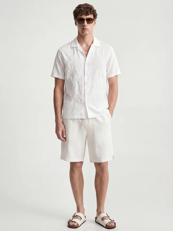 Highlander Men White Embroidered Relaxed Fit Casual Shirt