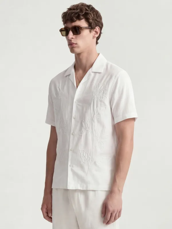 Highlander Men White Embroidered Relaxed Fit Casual Shirt