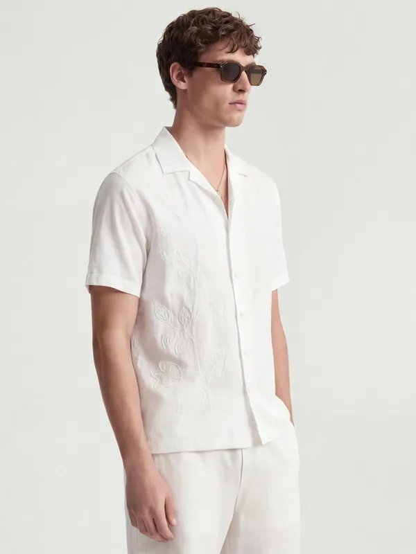 Highlander Men White Embroidered Relaxed Fit Casual Shirt