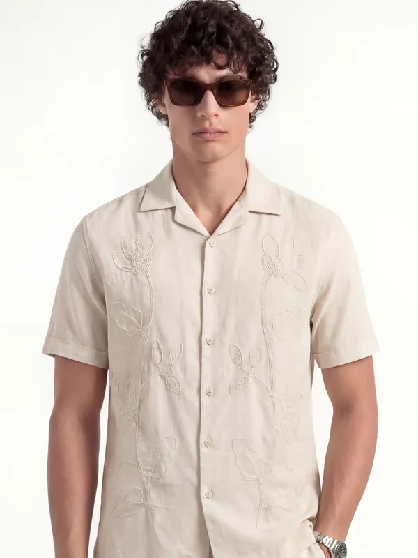 Highlander Men Beige Embroidered Relaxed Fit Casual Shirt