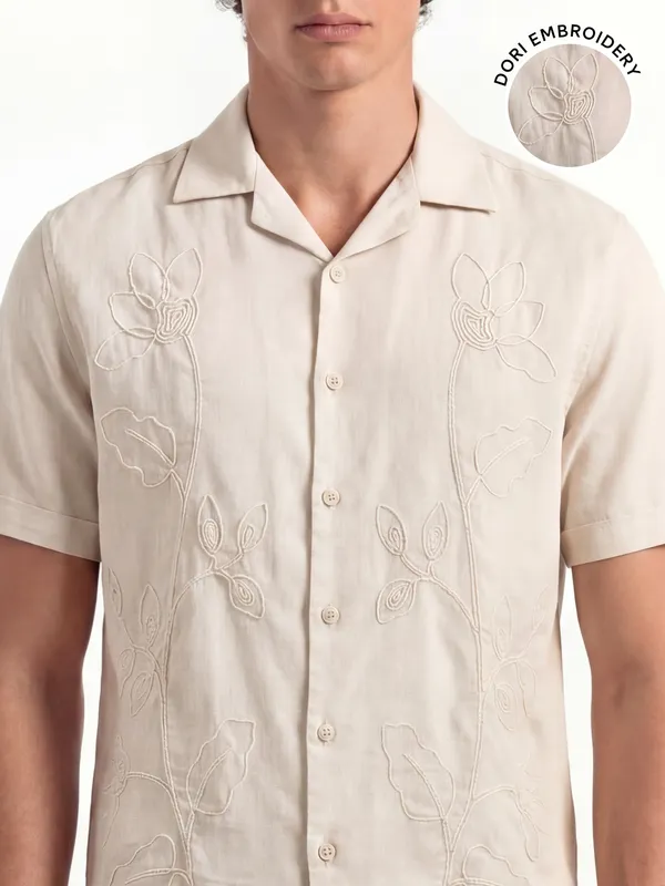 Highlander Men Beige Embroidered Relaxed Fit Casual Shirt