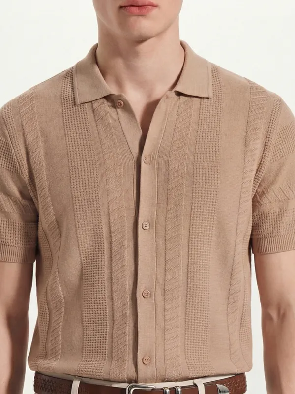 Highlander Men Tan Self Design Relaxed Fit Casual Shirt