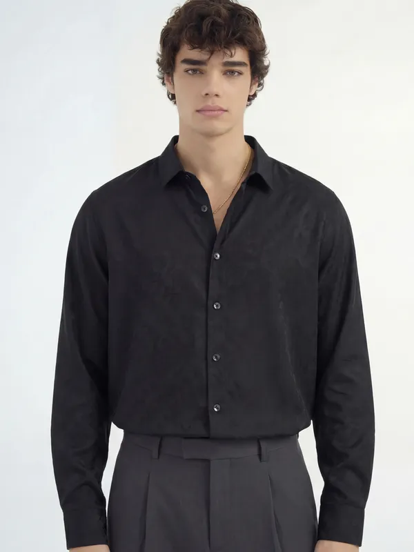 Highlander Men Black Self Design Slim Fit Casual Shirt