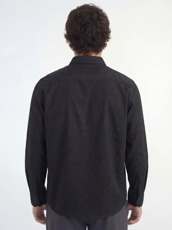 Highlander Men Black Self Design Slim Fit Casual Shirt