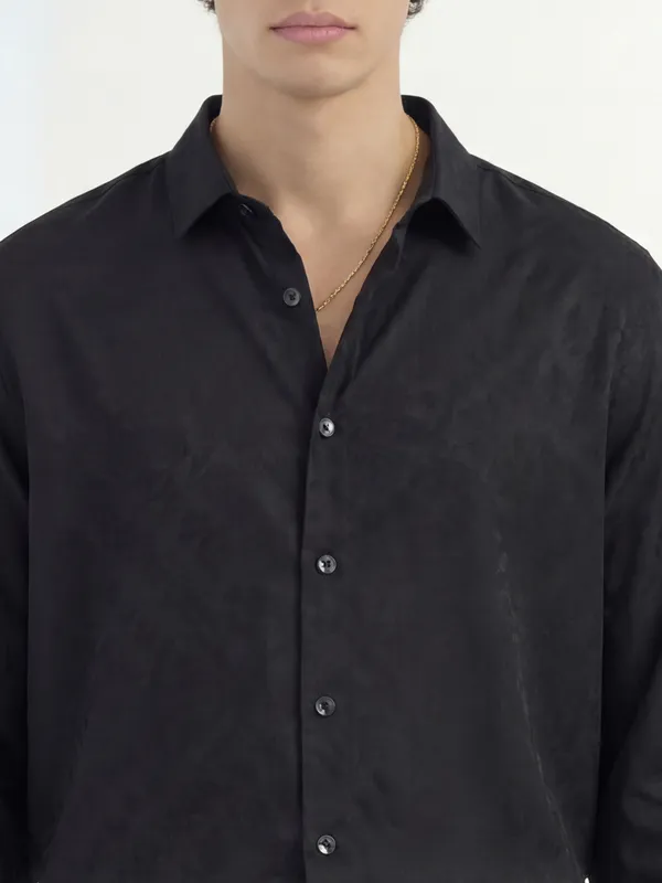Highlander Men Black Self Design Slim Fit Casual Shirt