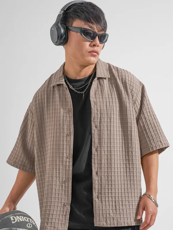 Highlander Men Taupe Self Design Oversized Fit Casual Shirt