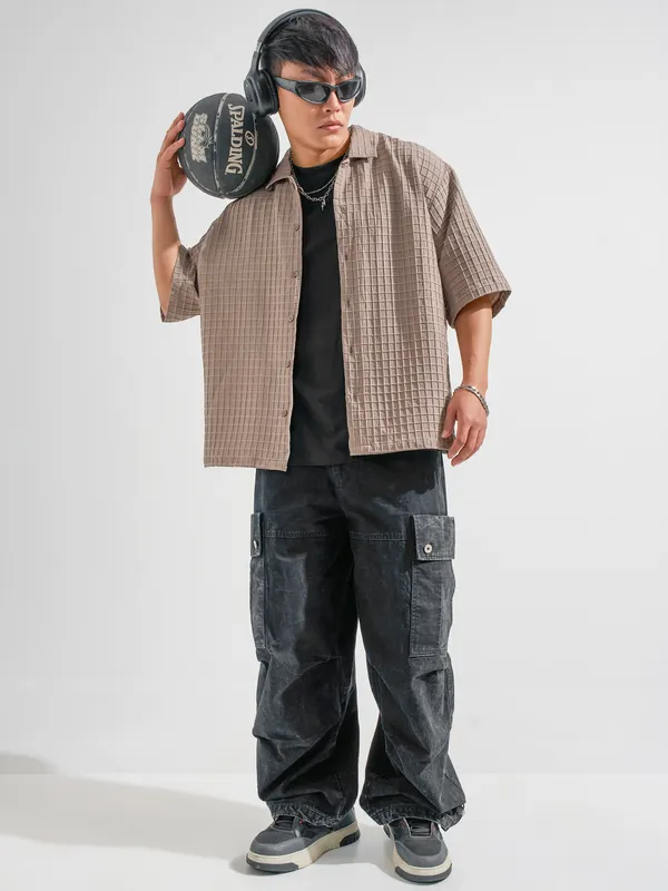 Highlander Men Taupe Self Design Oversized Fit Casual Shirt