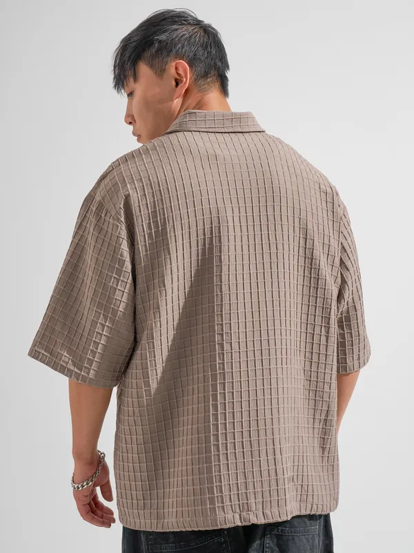 Highlander Men Taupe Self Design Oversized Fit Casual Shirt