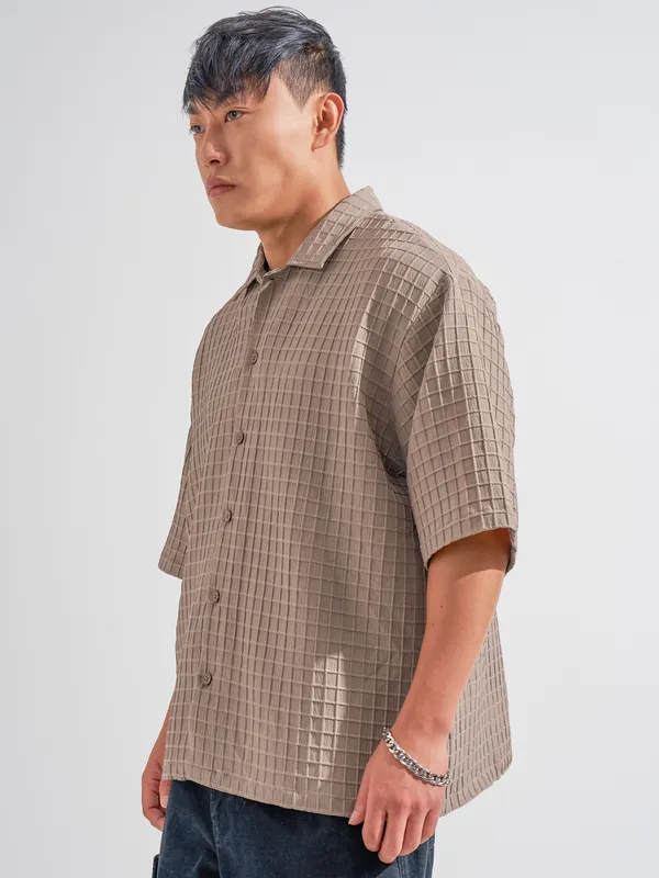 Highlander Men Taupe Self Design Oversized Fit Casual Shirt