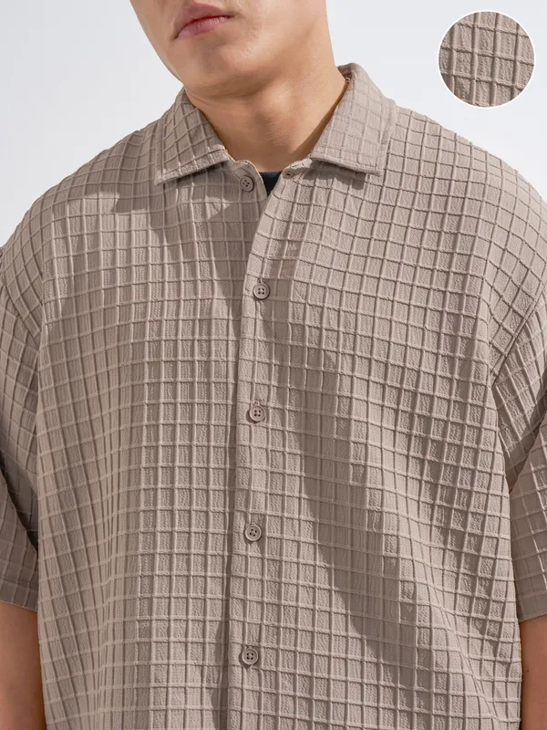 Highlander Men Taupe Self Design Oversized Fit Casual Shirt
