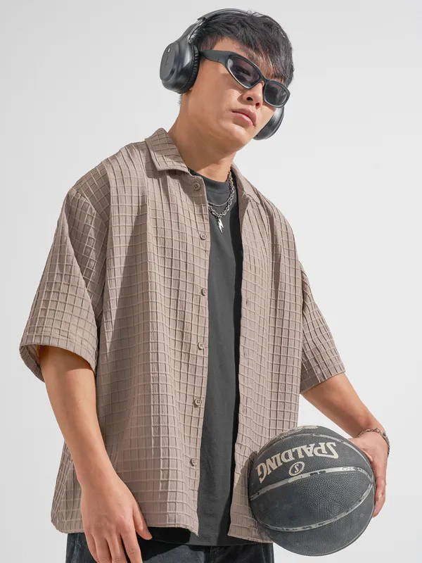 Highlander Men Taupe Self Design Oversized Fit Casual Shirt