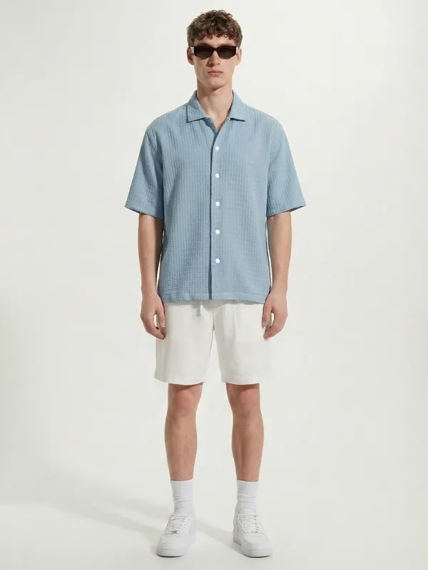 Highlander Men Blue Self Design Boxy Fit Casual Shirt