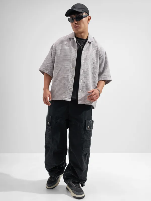 Highlander Men Grey Self Design Boxy Fit Casual Shirt