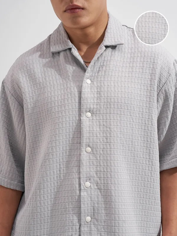 Highlander Men Grey Self Design Boxy Fit Casual Shirt