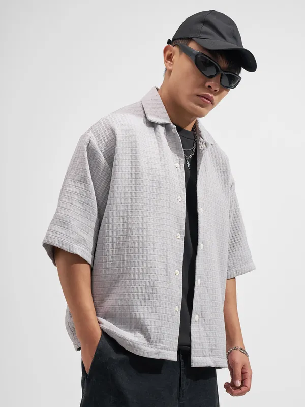 Highlander Men Grey Self Design Boxy Fit Casual Shirt