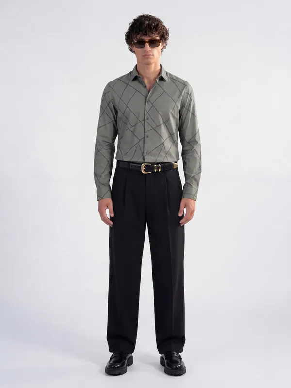 Highlander Men Grey Self Design Slim Fit Casual Shirt