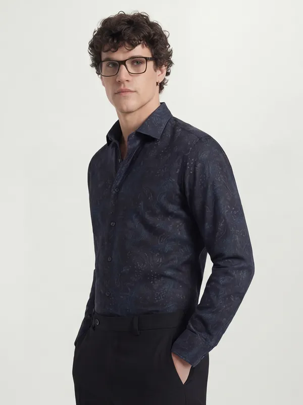 Highlander Men Navy Blue Printed Slim Fit Casual Shirt