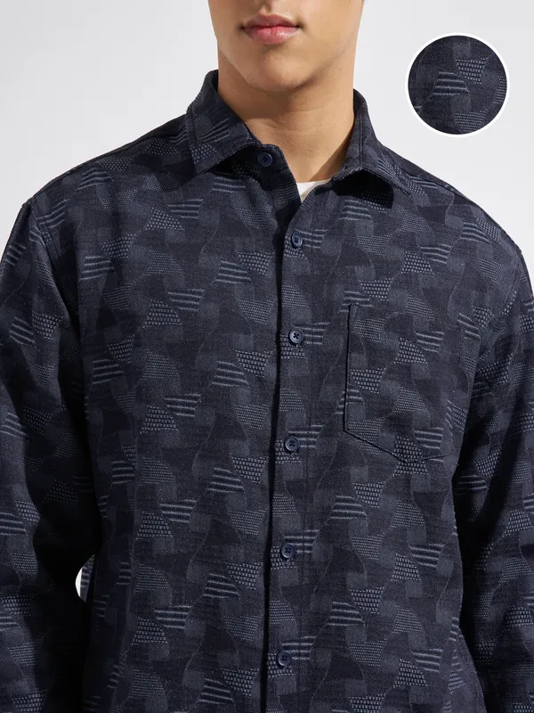 Highlander Men Navy Blue Self Design Relaxed Fit Casual Shirt