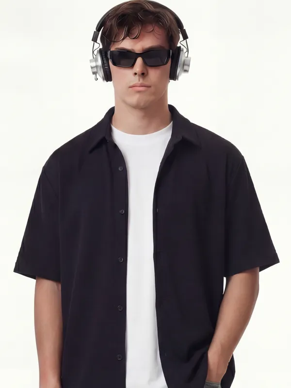 Highlander Men Black Self Design Boxy Fit Casual Shirt