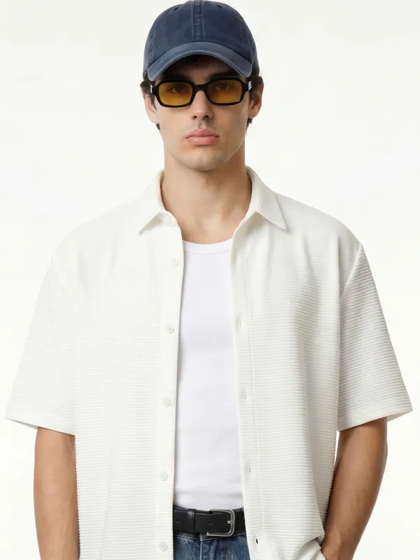 Highlander Men White Self Design Boxy Fit Casual Shirt