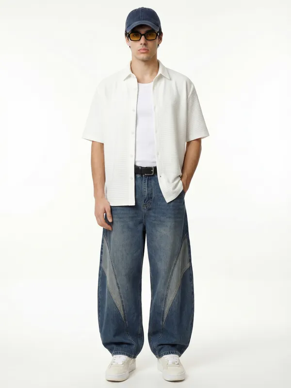 Highlander Men White Self Design Boxy Fit Casual Shirt