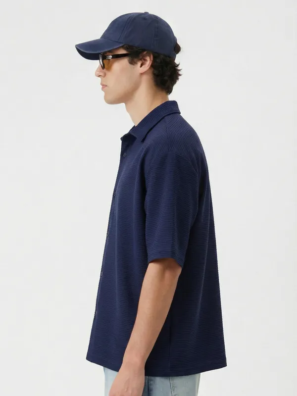 Highlander Men Navy Blue Self Design Boxy Fit Casual Shirt