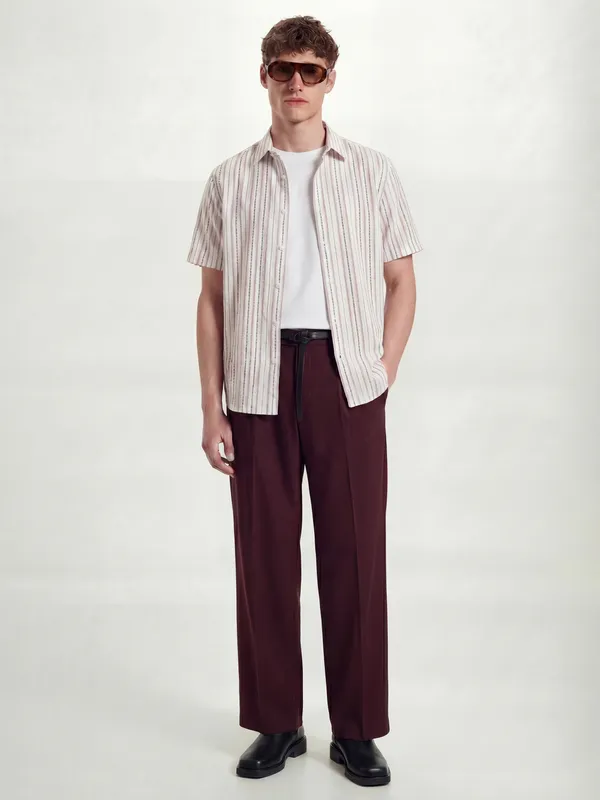 Highlander Men Cream Striped Relaxed Fit Casual Shirt