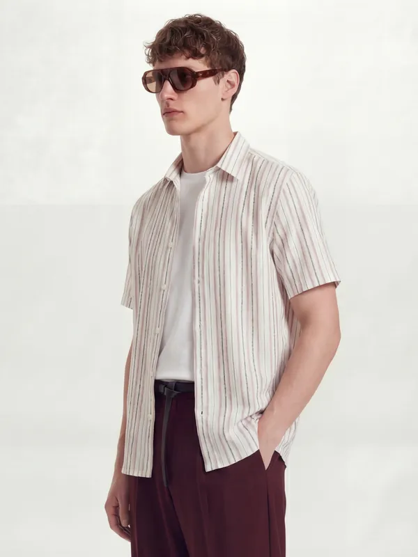 Highlander Men Cream Striped Relaxed Fit Casual Shirt