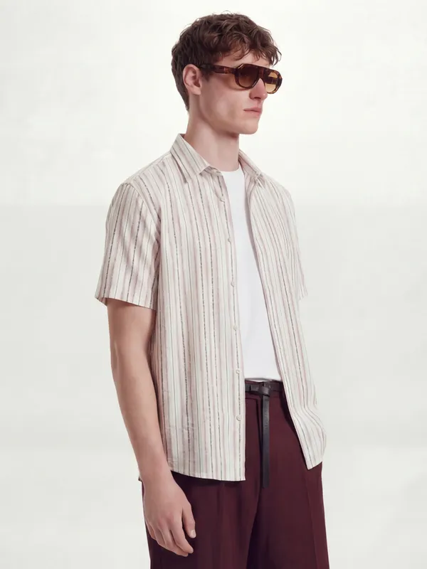 Highlander Men Cream Striped Relaxed Fit Casual Shirt