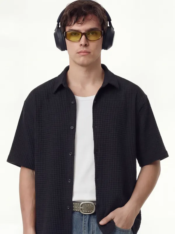 Highlander Men Black Self Design Boxy Fit Casual Shirt