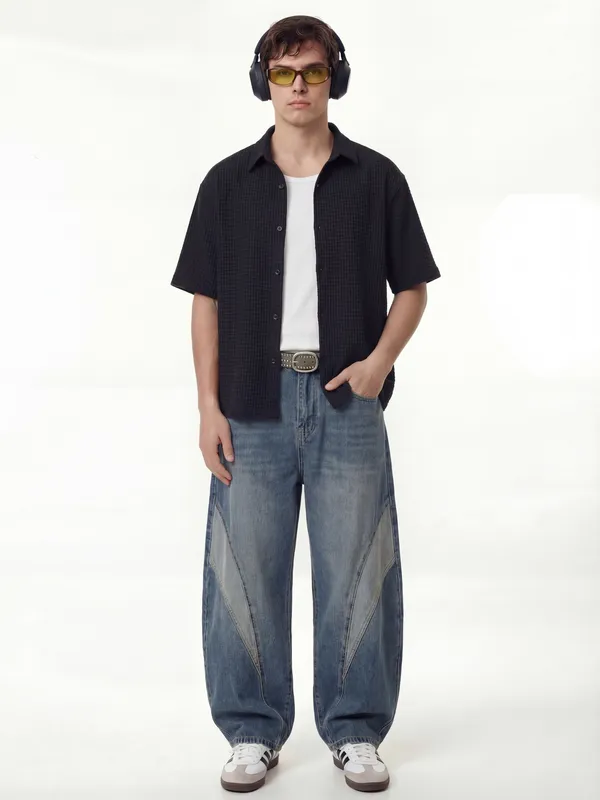 Highlander Men Black Self Design Boxy Fit Casual Shirt