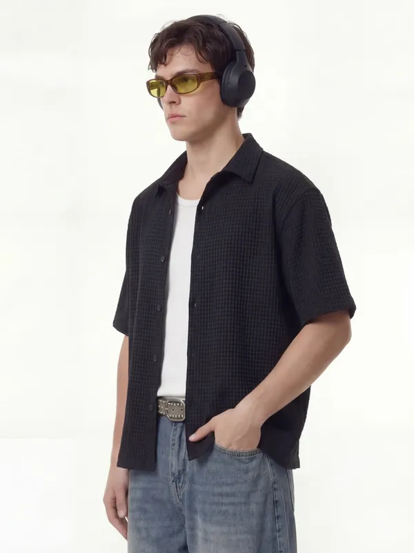 Highlander Men Black Self Design Boxy Fit Casual Shirt