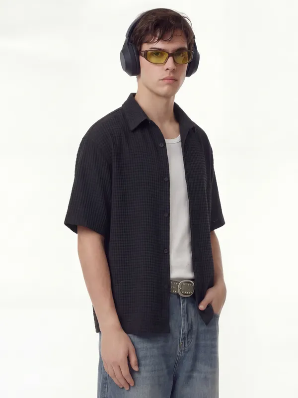 Highlander Men Black Self Design Boxy Fit Casual Shirt