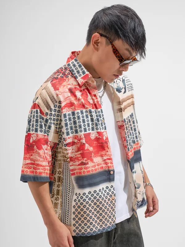 Highlander Men Red Printed Boxy Fit Casual Shirt
