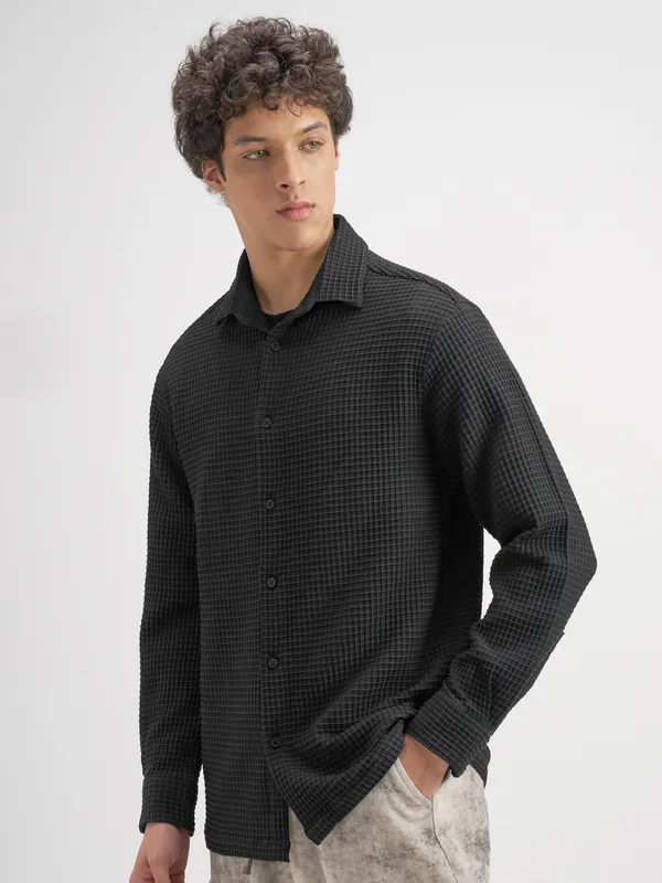 Highlander Men Black Self Design Relaxed Fit Casual Shirt
