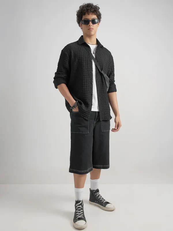 Highlander Men Black Self Design Relaxed Fit Casual Shirt