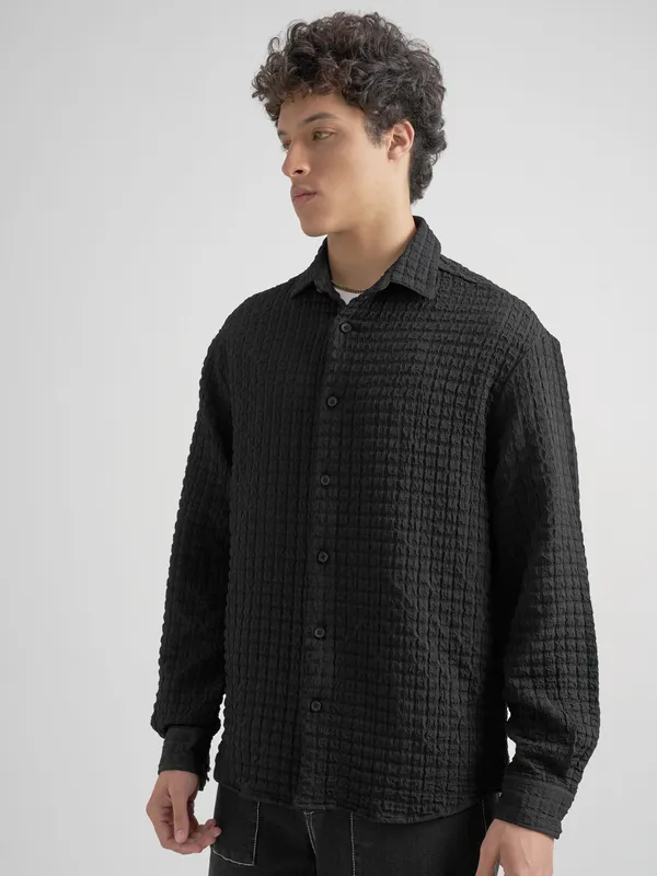 Highlander Men Black Self Design Relaxed Fit Casual Shirt