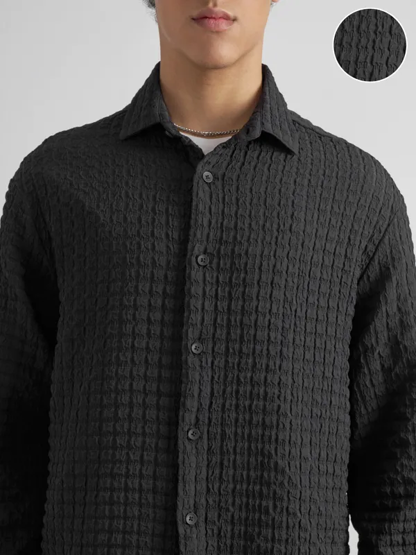 Highlander Men Black Self Design Relaxed Fit Casual Shirt