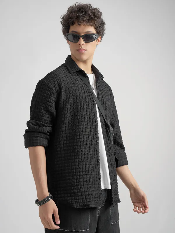Highlander Men Black Self Design Relaxed Fit Casual Shirt