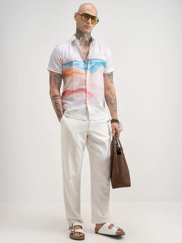 Highlander Men White Printed Slim Fit Casual Shirt