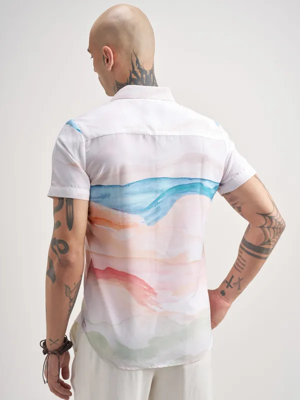 Highlander Men White Printed Slim Fit Casual Shirt