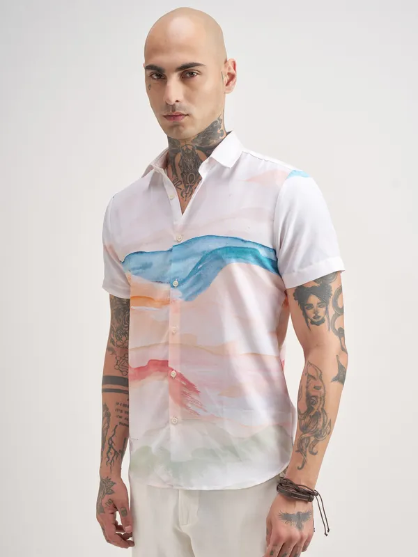 Highlander Men White Printed Slim Fit Casual Shirt