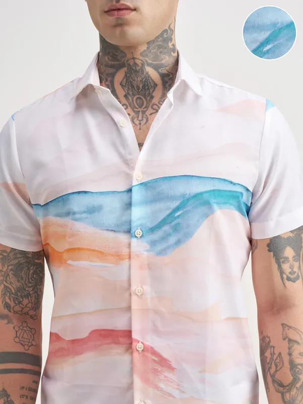 Highlander Men White Printed Slim Fit Casual Shirt