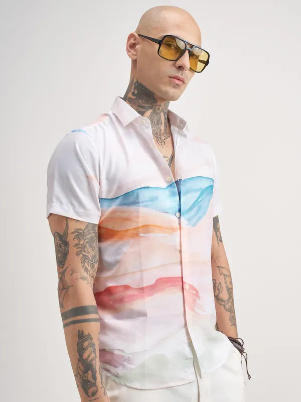 Highlander Men White Printed Slim Fit Casual Shirt