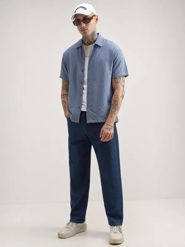 Highlander Men Blue Self Design Regular Fit Casual Shirt