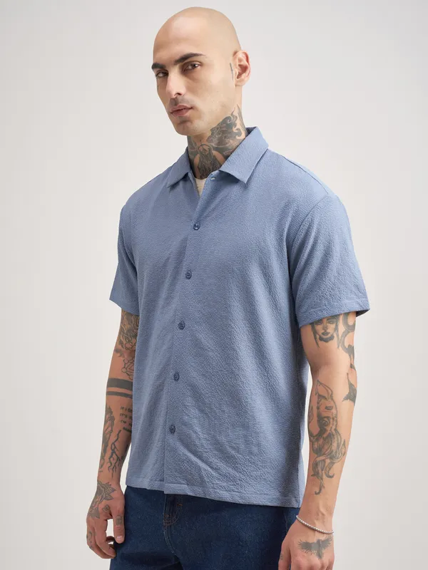 Highlander Men Blue Self Design Regular Fit Casual Shirt